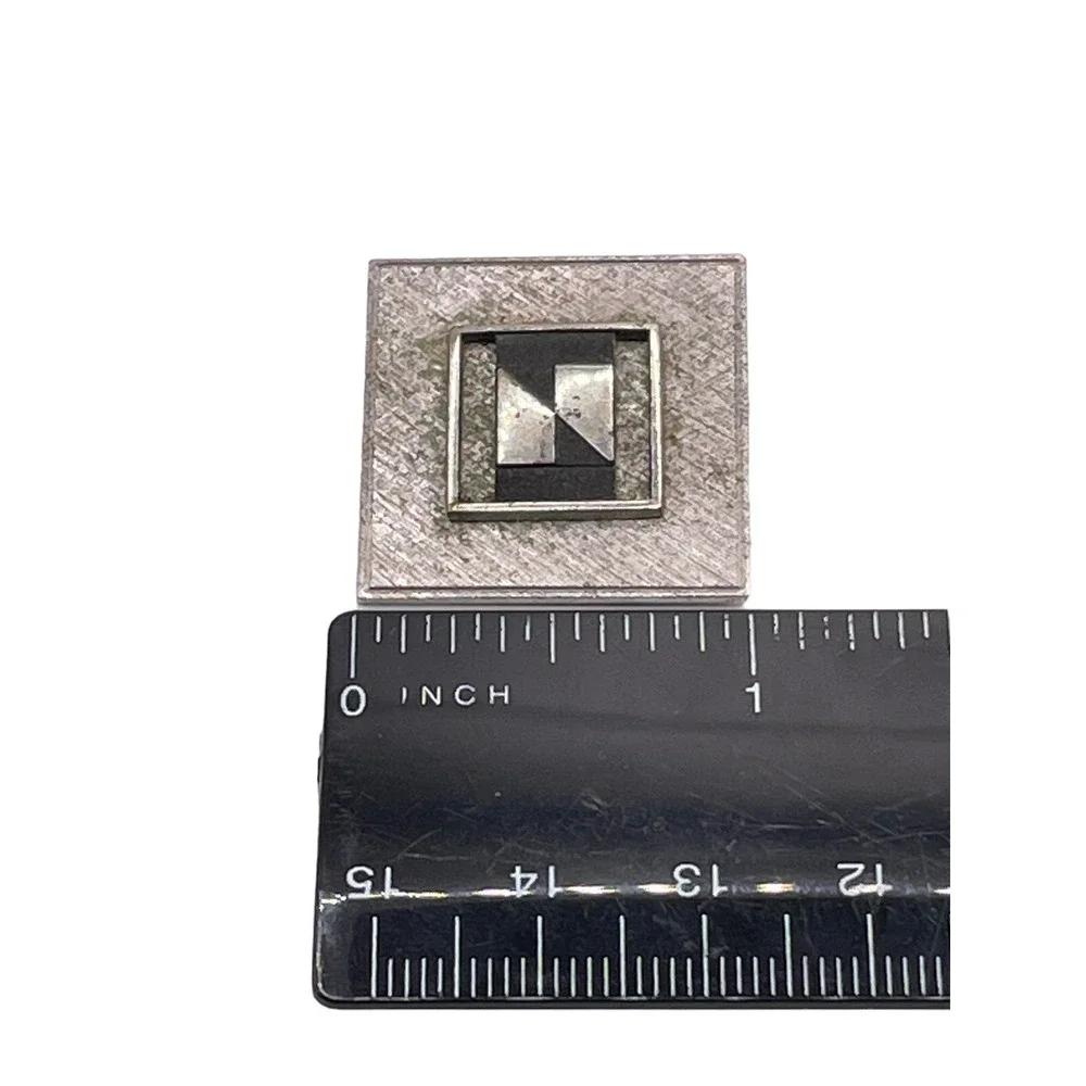 VTG Sterling Silver 925 Two Tone Black‎ Accent Brooch Pin Square Brushed Aged